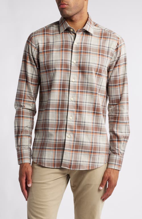 Scott Barber Plaid Cotton Herringbone Button-Up Shirt in Cocoa 