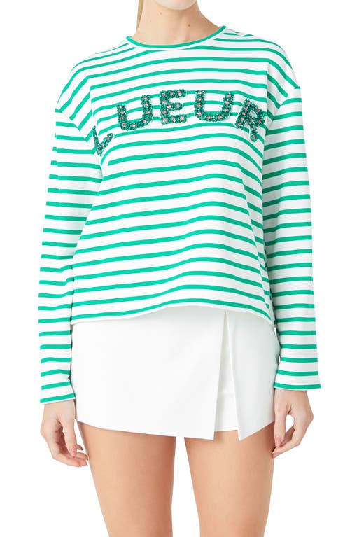 Shop Endless Rose Lueur Stripe Long Sleeve Knit Top In White/green