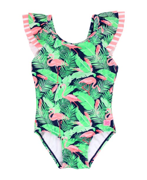 Shop Rufflebutts Girls V-back Upf50+ One Piece In Flamingo Frenzy