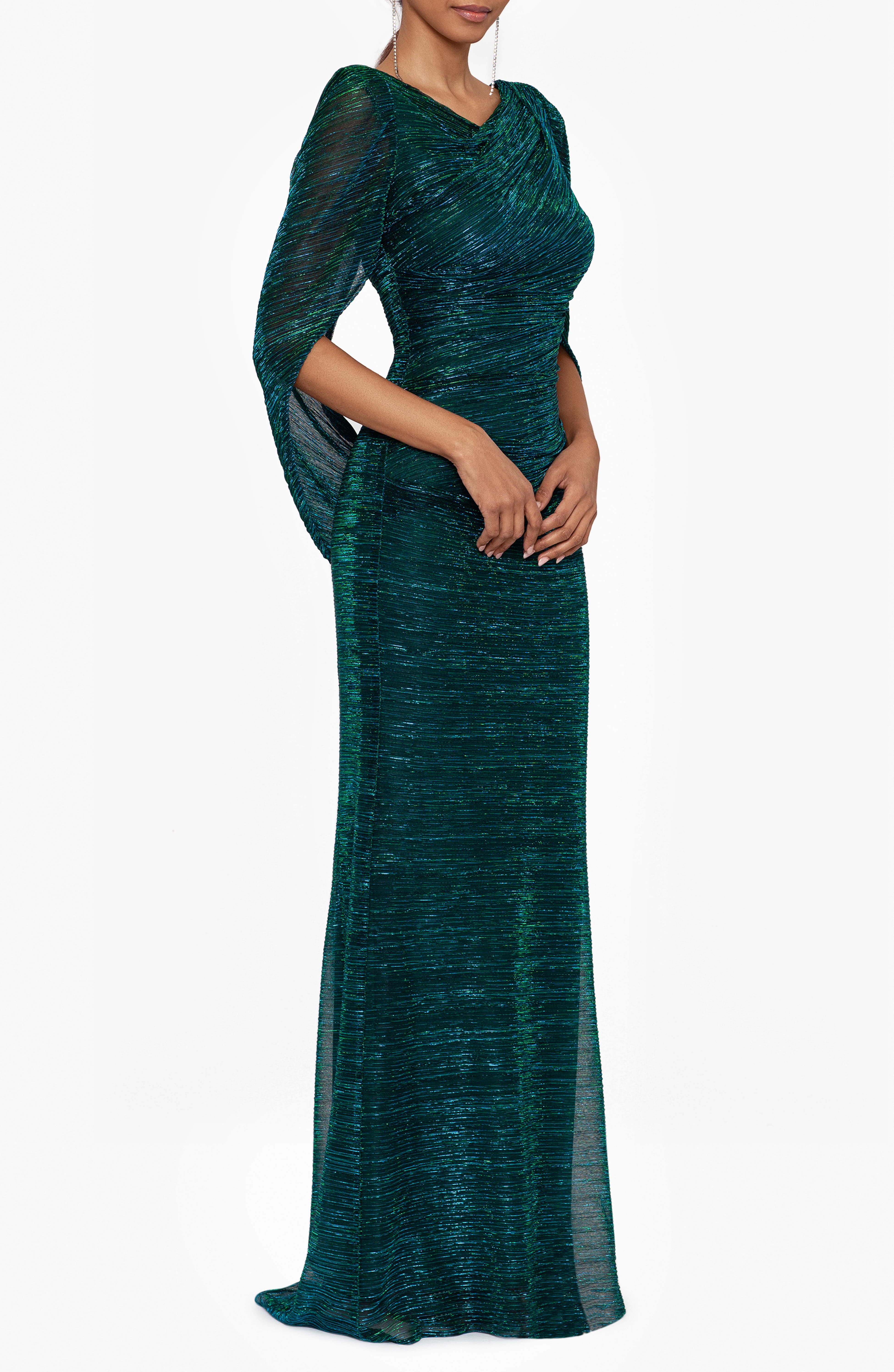 Metallic Drape Sleeve Sheath Gown, a mother of the bride dress