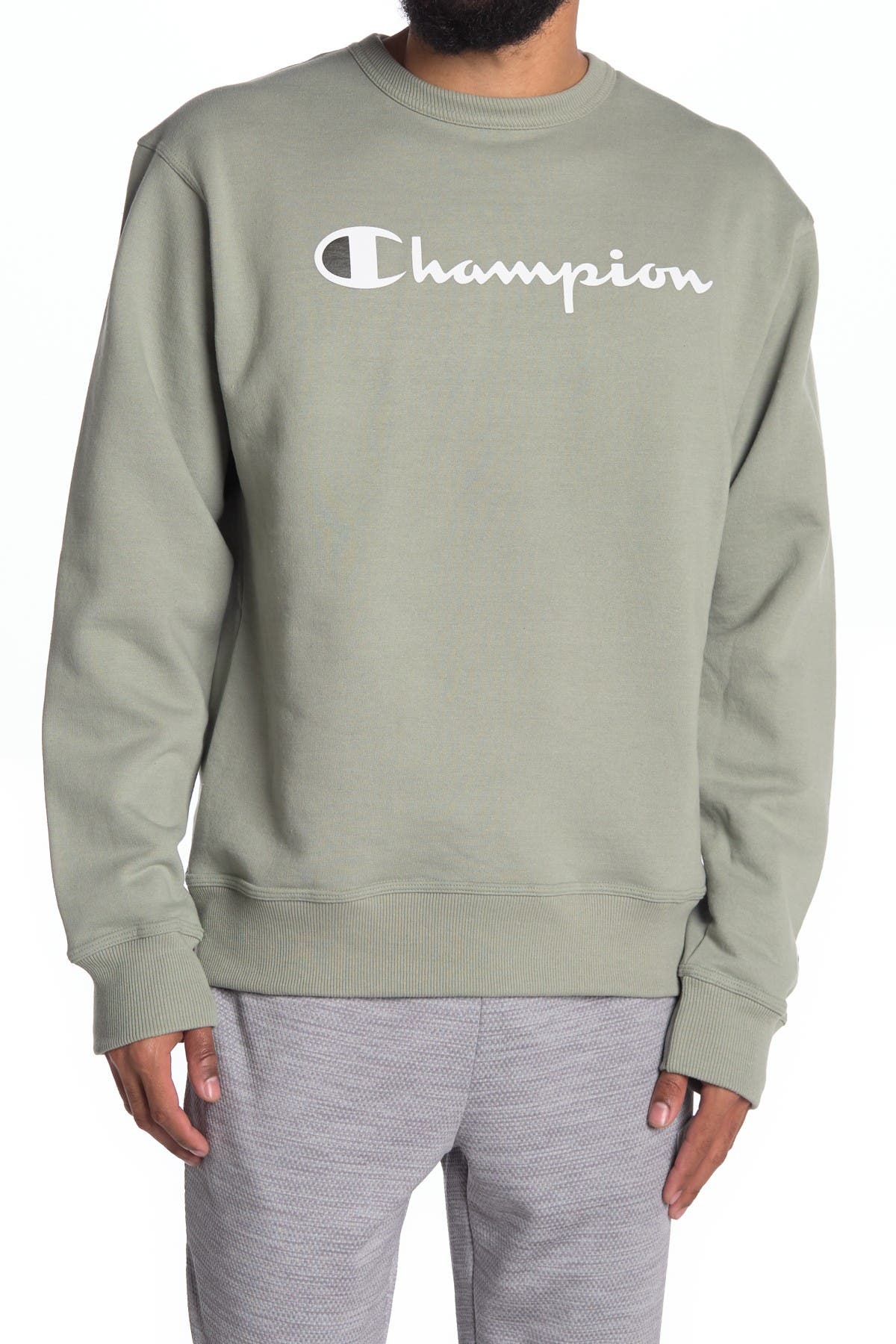 Champion Powerblend Graphic Crew Neck Sweatshirt In Dark Green