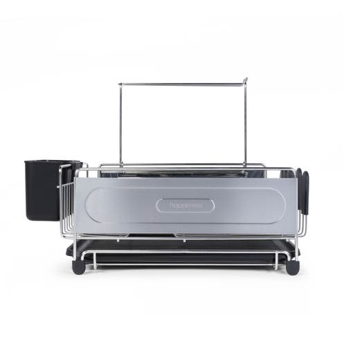 Jonathan Y Compact 17.25" Fingerprint-proof Stainless Steel Dish Drying Rack With Wine Glass Holder, In Silver/black