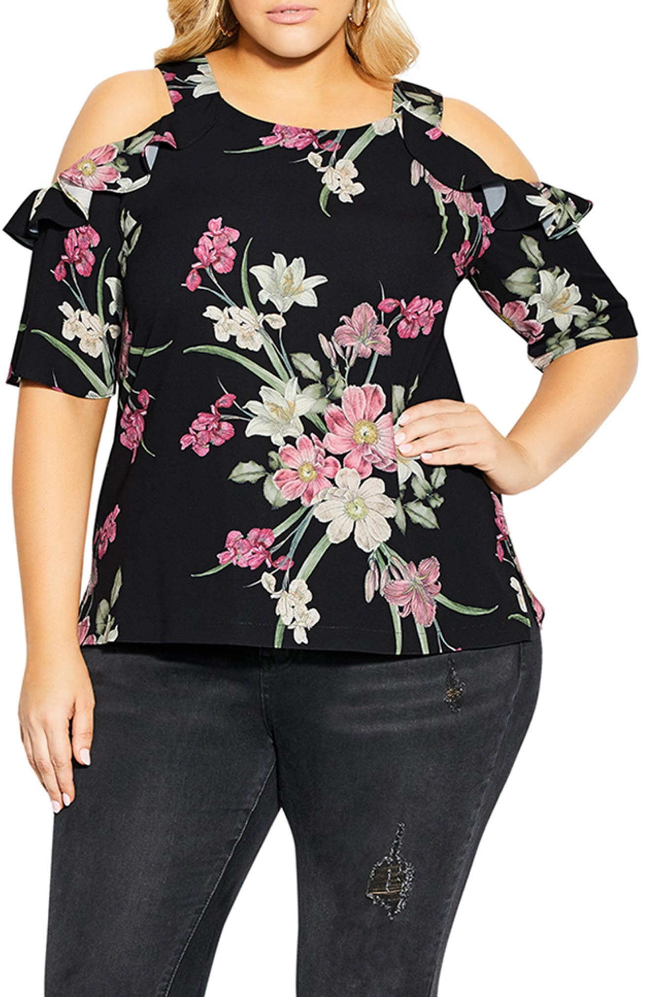 City Chic Lady Floral Cold Shoulder Top (Plus Size) Nordstrom