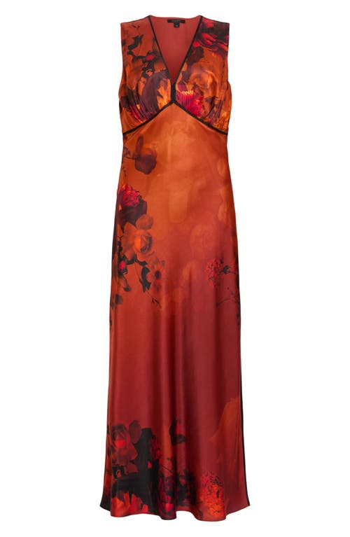 Shop Allsaints Karla Floral Print Satin Midi Dress In Adela Burnt Orange