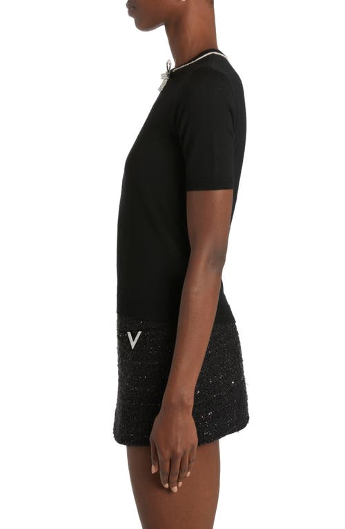 Shop Valentino Garavani Crystal Bow Short Sleeve Virgin Wool Crewneck Sweater In Nero/silver