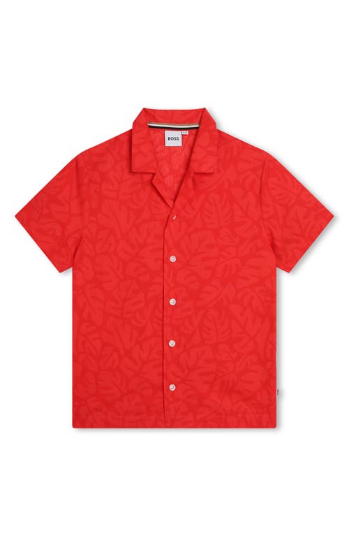 BOSS Kidswear Kids' Leaf Print Short Sleeve Cotton Button-Up Shirt Bright Red at Nordstrom, Y