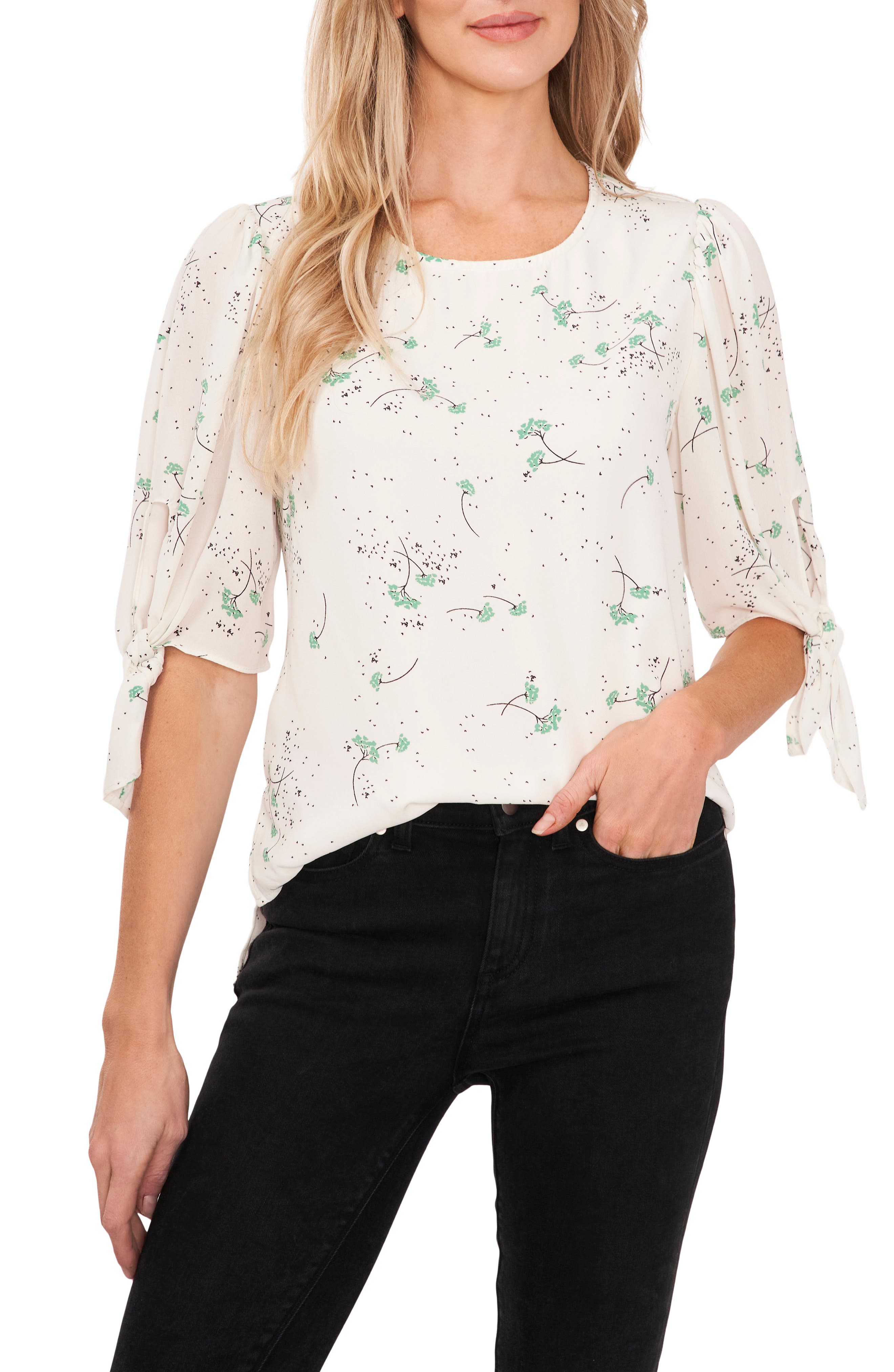 CeCe Women's Floral Cascades Dot Tie Sleeve Blouse | Smart Closet