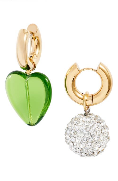 Timeless Pearly Mismatched Heart & Crystal Bauble Hoop Earrings in White+Green