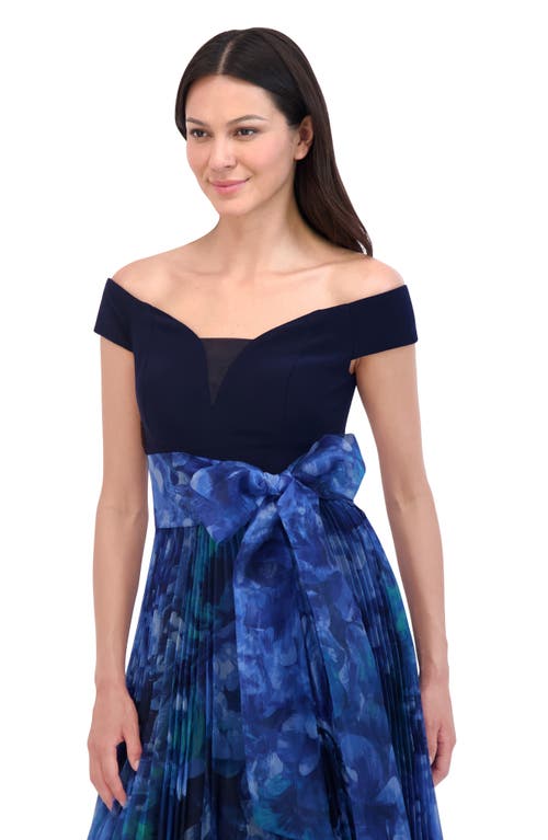 Shop Eliza J Pleated Off The Shoulder Gown In Navy