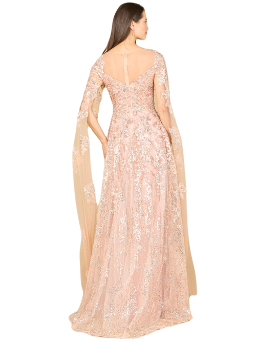 Shop Lara New York Long Bell Sleeve V-neck Beaded Gown In Blush