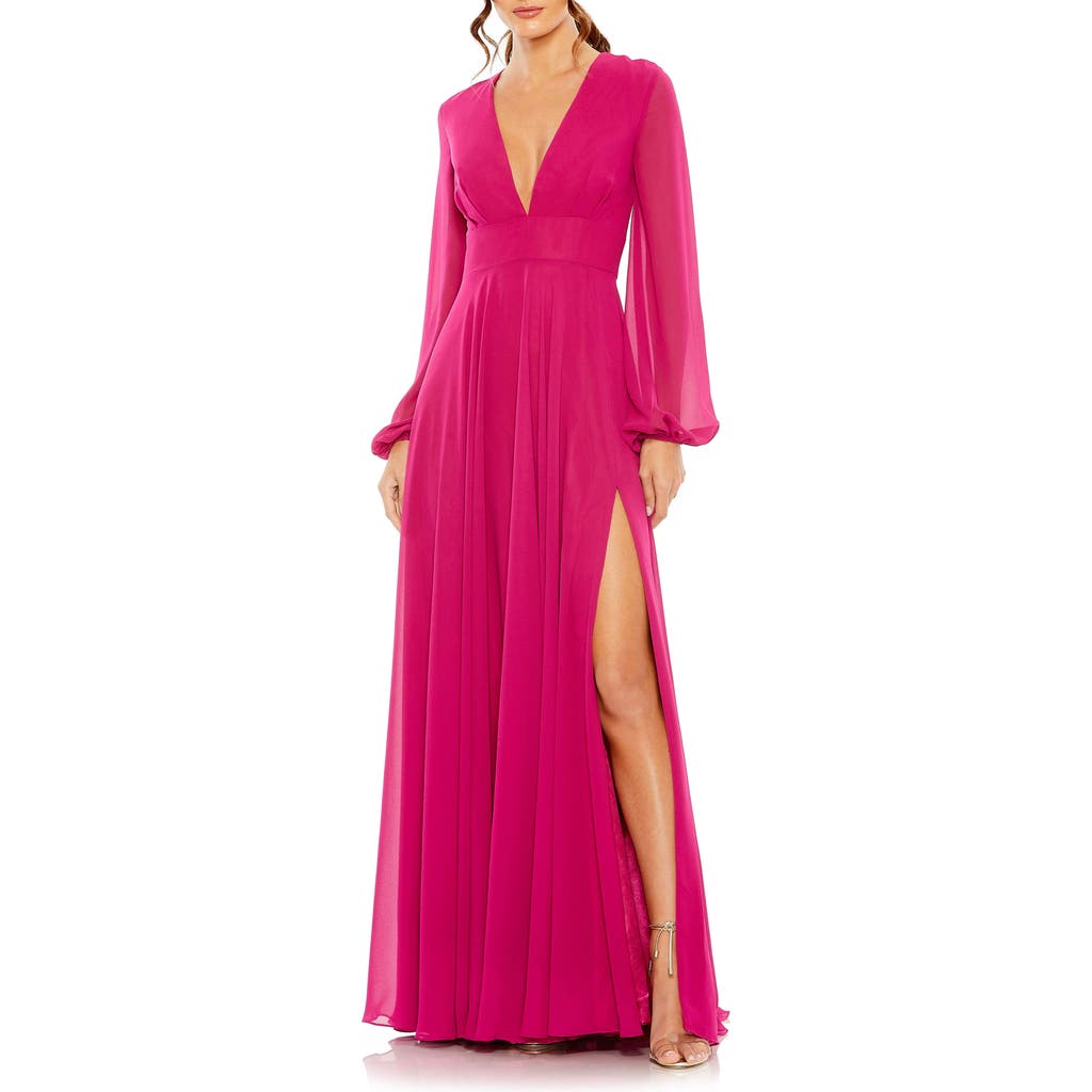 Ieena For Mac Duggal Long Sleeve Chiffon Gown In Pink