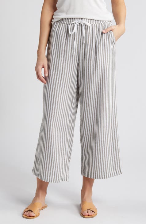 Stripe Drawstring Wide Leg Linen Blend Pants (Petite)