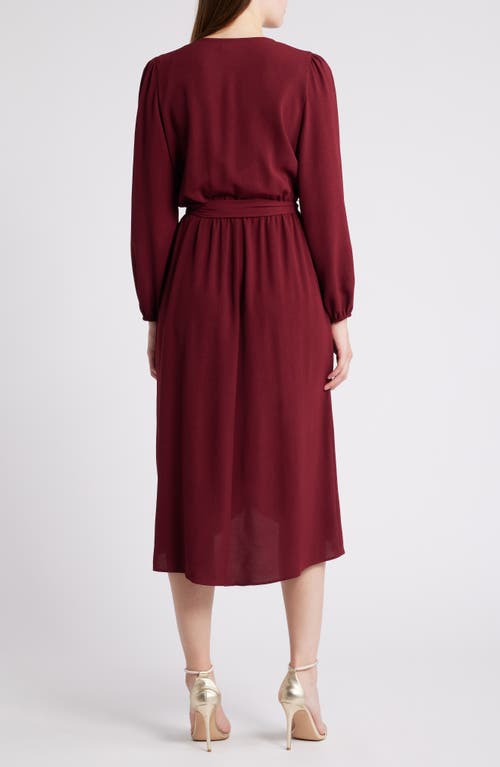 Connected Apparel Long Sleeve Faux Wrap Midi Dress In Wine