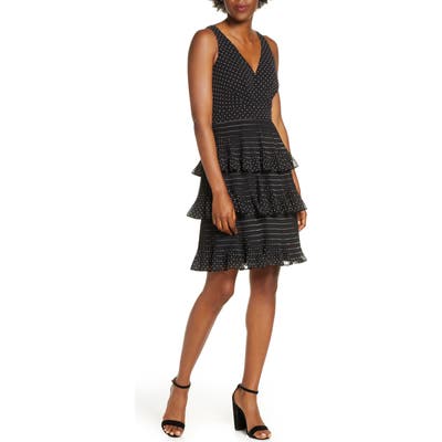 Petite Eliza J Tiered Pleat Chiffon Dress, Black