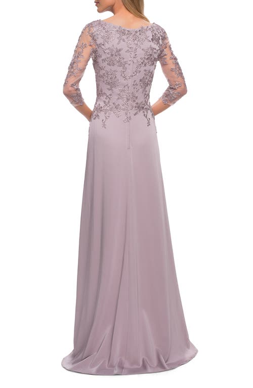 LA FEMME LA FEMME JERSEY GOWN WITH BOAT NECKLINE AND LACE DETAILING 