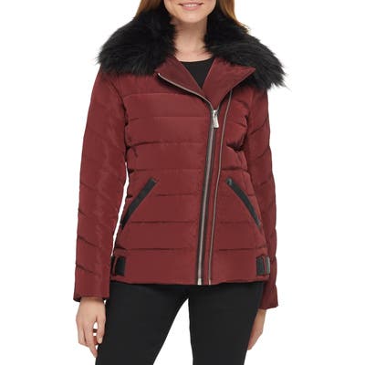 Karl Lagerfeld Paris Faux Fur Collar Puffer Jacket, Burgundy