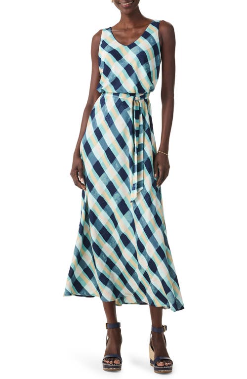 Shop Nic + Zoe Nic+zoe Bianca Plaid Tie Waist Sleeveless Dress In Aqua Multi