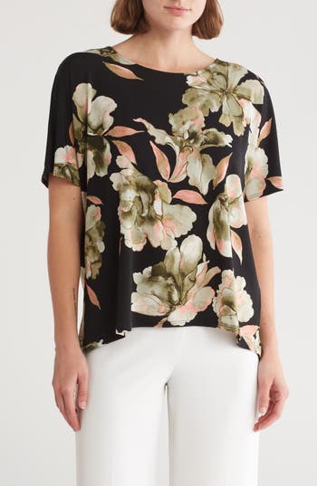 Vince Camuto Floral High-low Knit Top In Black
