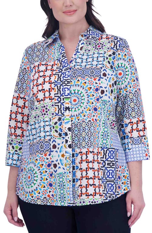 Foxcroft Mary Intertwine Pattern Three-Quarter Sleeve Poplin Button-Up Top Blue Multi at Nordstrom,