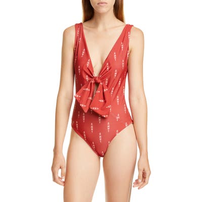 Johanna Ortiz Boat Print Tie Front One-Piece Swimsuit, Orange
