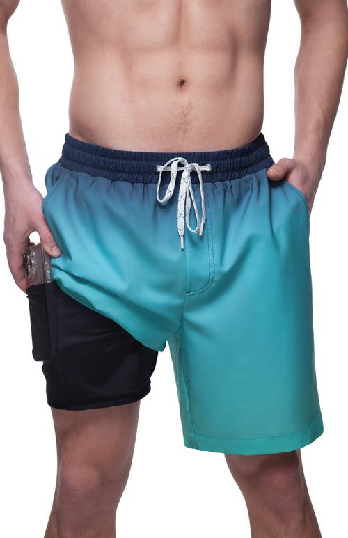 Shop Rokka&rolla Compression Liner Stretch Swim Trunks Upf 50+ In Sea Blue Gradient