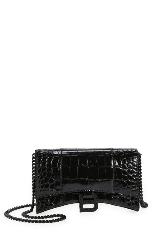 Balenciaga Hourglass Croc Embossed Leather Wallet on a Chain in Noir at Nordstrom