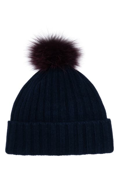CAROLYN ROWAN ACCESSORIES GENUINE FOX FUR POM CASHMERE BEANIE