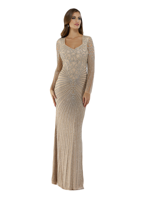 Shop Lara New York V Neck Beaded Long Sleeve Dress In Nude