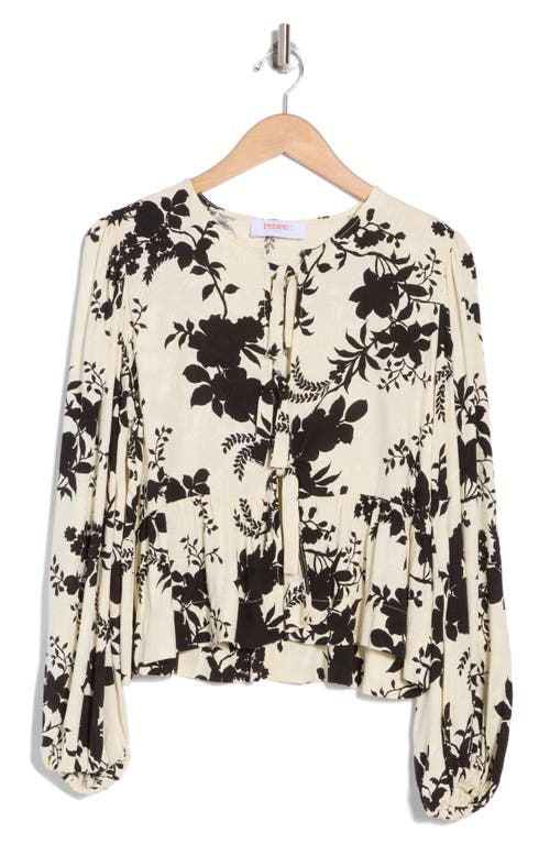 Renee C Floral Long Sleeve Tie Front Crop Top In Ivory