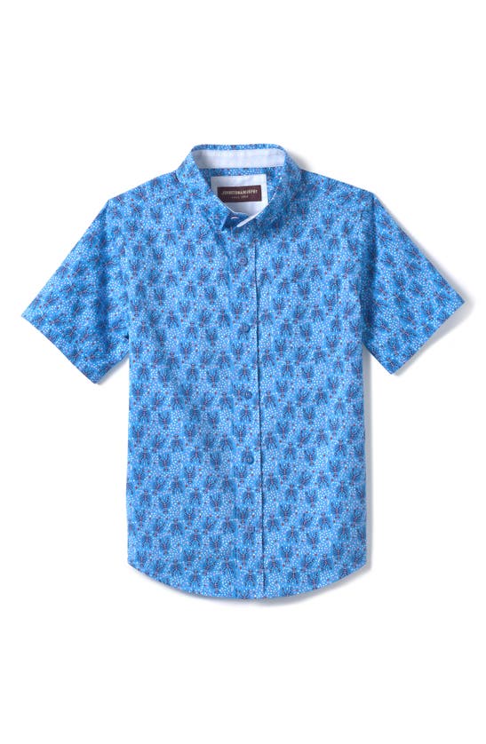 Shop Johnston & Murphy Kids' Lobster Print Short Sleeve Cotton Button-down Shirt In Blue