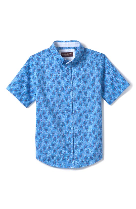 Johnston & Murphy Kids' Lobster Print Short Sleeve Cotton Button-down Shirt In Blue