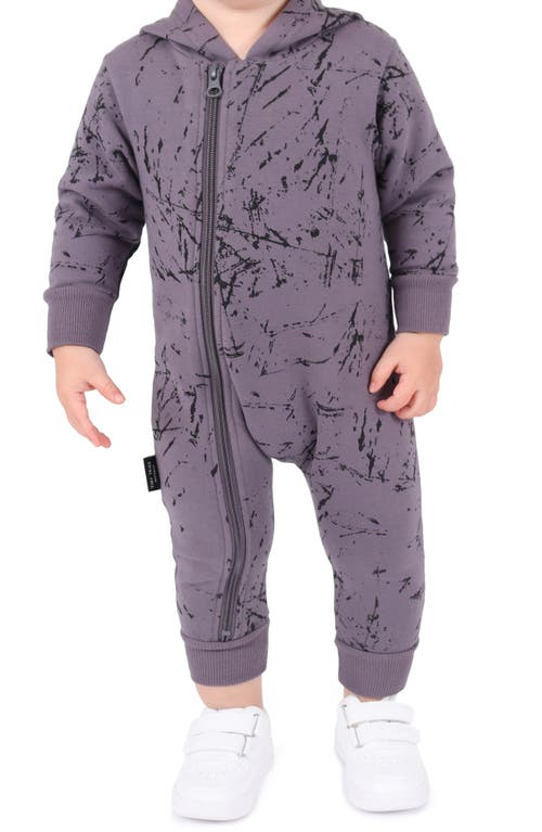 TINY TRIBE Grunge Print Cotton Hooded Romper Smoke at Nordstrom,