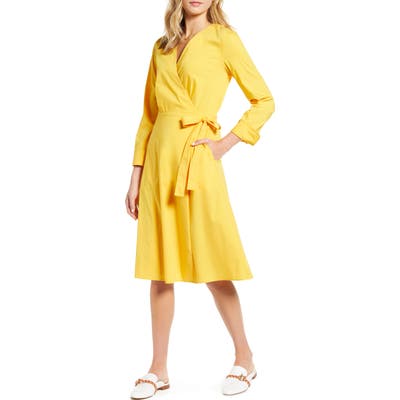 Petite 1901 Poplin Long Sleeve Wrap Dress, Yellow