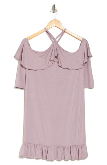 Go Couture Ruffled Cold Shoulder Dress In Elderberry