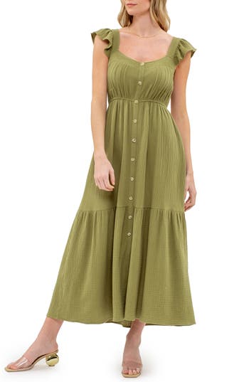 August Sky Flutter Sleeve Button Front Dress In Dusty Olive