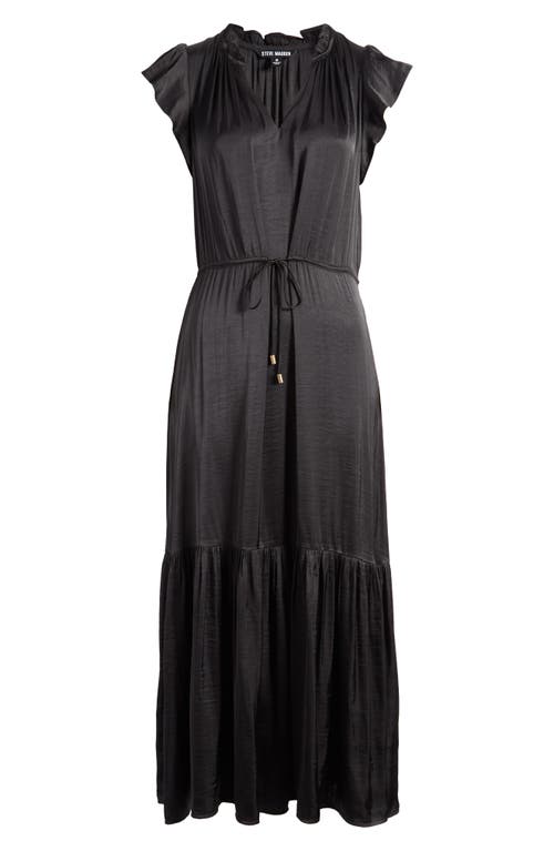 Steve Madden Osiris Tiered Split Neck Cap Sleeve Tie Waist Maxi Dress In Black