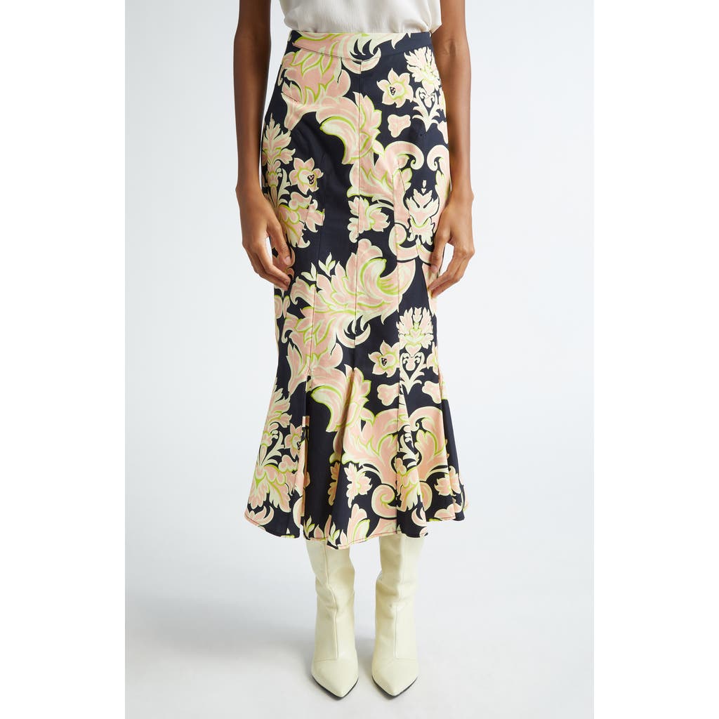 Etro Tropical-print Paneled Midi Trumpet Skirt In Black