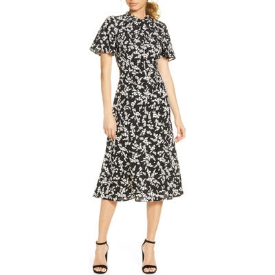 French Connection Bruna Floral Twist Neck Fit & Flare Dress, Black