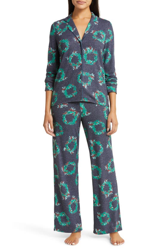 Nordstrom Brushed Hacci Pajamas In Navy Peacoat Merry Wreaths