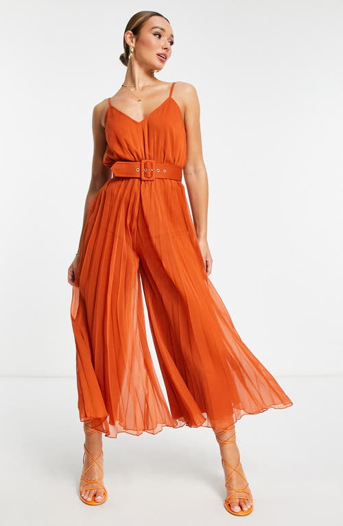 ASOS DESIGN Pleated Belted Wide Leg Jumpsuit in Brown