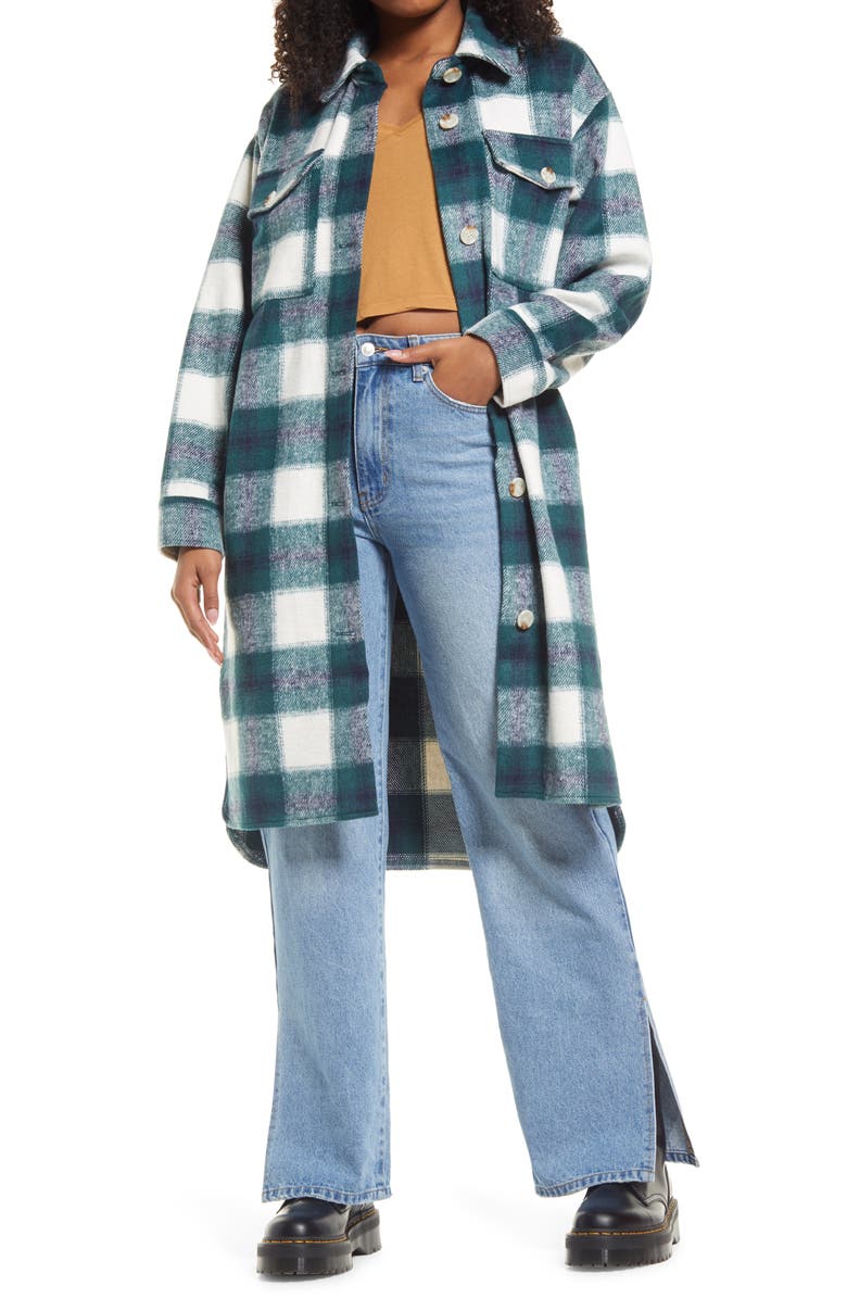 BP. Oversized Shirt Coat, Main, color, GREEN- IVORY LIAM PLAID
