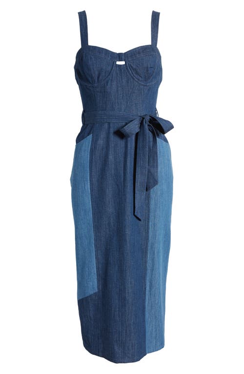 Shop Du Paradis Canggu Denim Midi Dress In Patchwork Denim