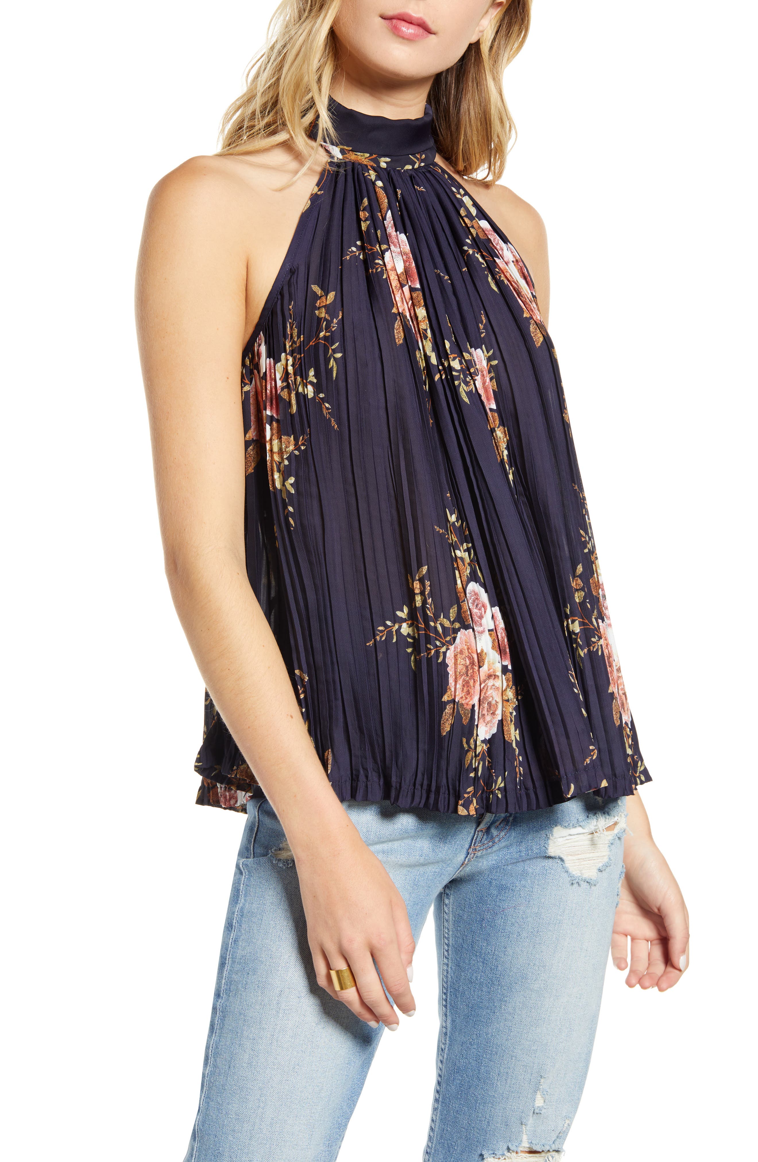 + Young Floral Pleated Tie Neck Tank Top Nordstrom