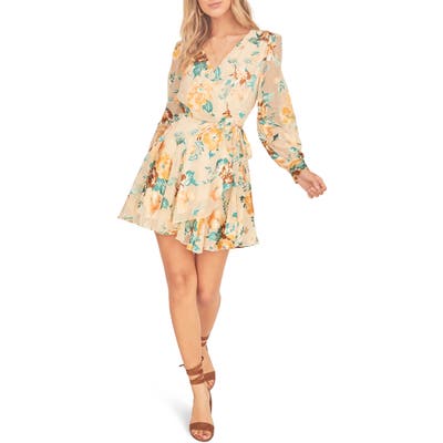 Astr The Label Aja Long Sleeve Floral Wrap Minidress, Ivory