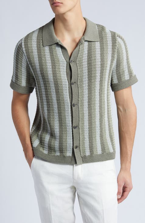 Crochet Stripe Short Sleeve Button-Up Cotton Sweater