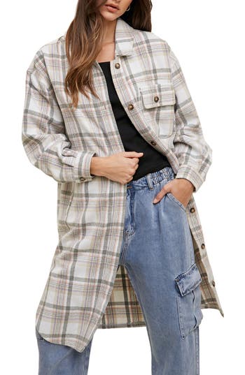 Wishlist Plaid Brushed Long Shacket In Cream