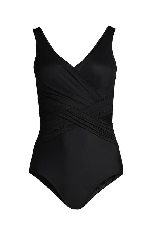 Shop Lands' End Slendersuit Tummy Control V-neck Wrap One Piece Swimsuit In Black