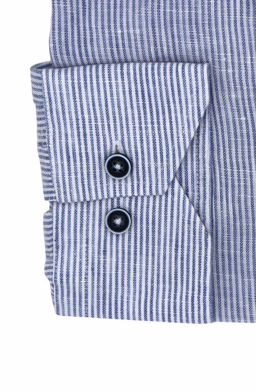 Lorenzo Uomo Striped Linen Trim Fit Dress Shirt In White/blue