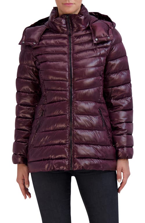 Cole Haan Signature Pearlized Mixed Quilt Hooded Puffer Coat in Sangria