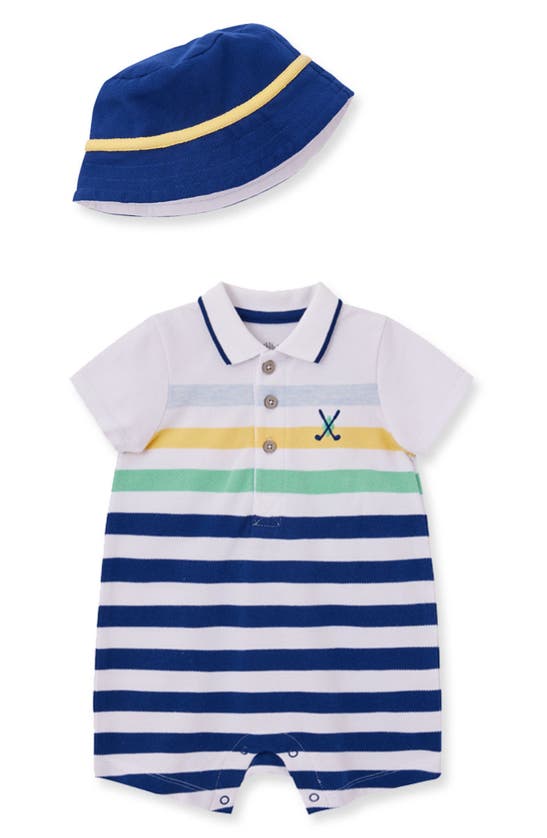 Little Me Babies' Stripe Short Sleeve Cotton Romper & Hat Set In Blue Stripe